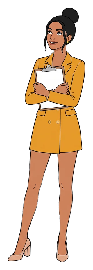 Anika Sethi, the drawn host, looks up as if measuring the height of the hotel tower drawn beside her, a clipboard held to her chest.