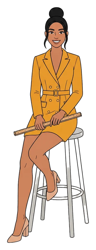 Anika Sethi, the site's drawn host, sits on a tall stool with a folding rule across her knees.
