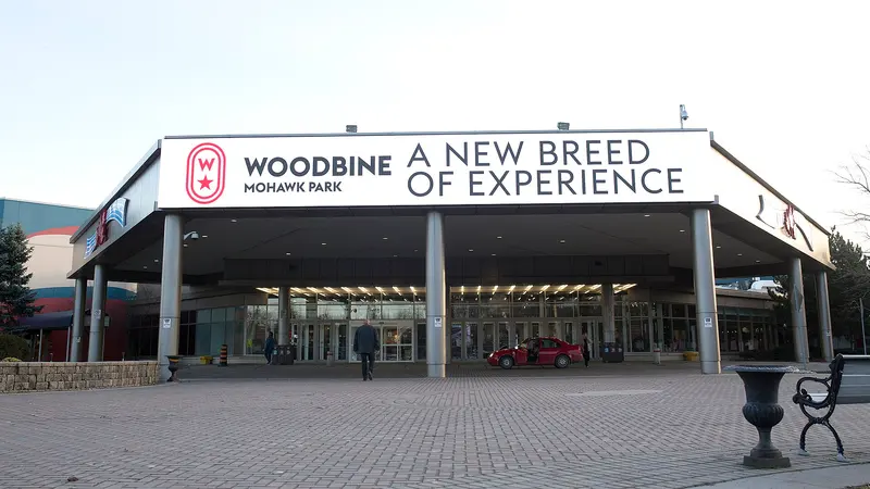 The main entrance of Woodbine Mohawk Park in Campbellville, the racetrack that houses Elements Casino Mohawk, 2019